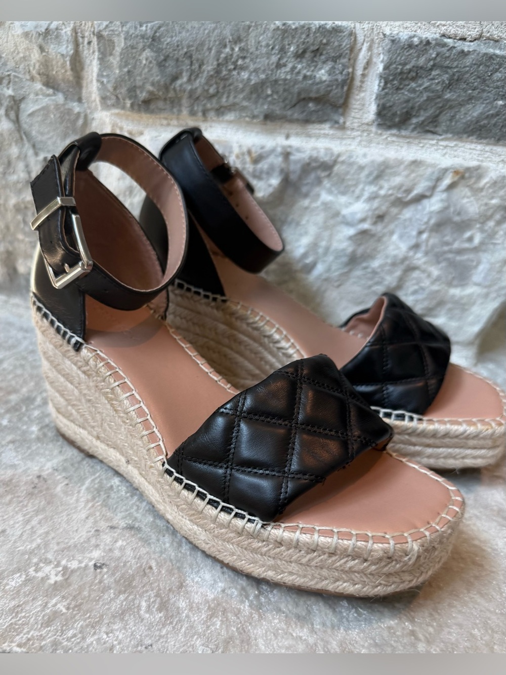 Brand New Nordstrom Carmen Black Quilted Espadrille Wedge Sandals